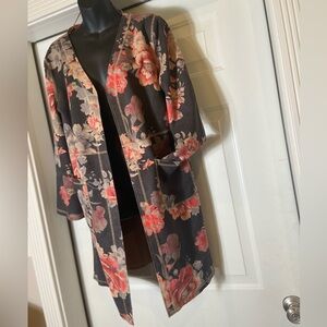 Solitaire~Vibrant~Faux Suede~Floral Print~Open Style~Midi~Cardigan~Coat~Size L